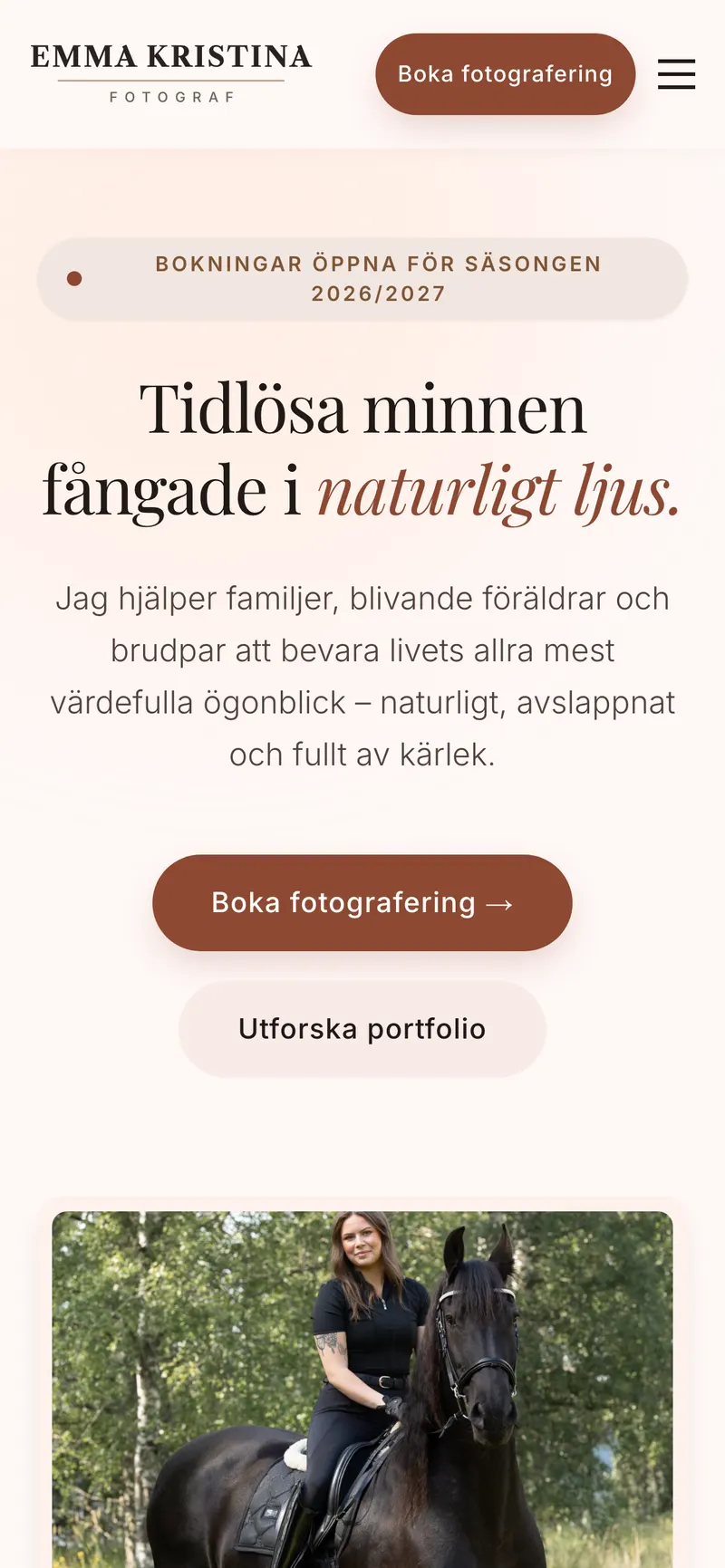 fotografemmakristina.se, första skärmen i en mobil