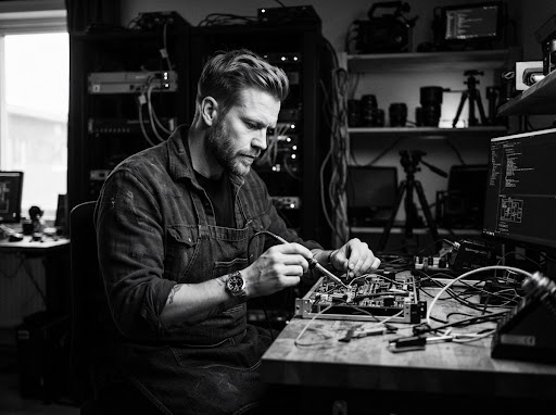 Illustrativ verkstadsmiljö med serverrack och elektronik