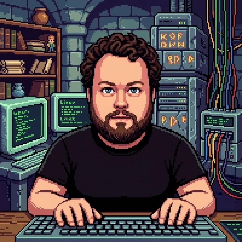 Pixelporträtt av Totte vid tangentbordet, med servrar och bokhylla i bakgrunden